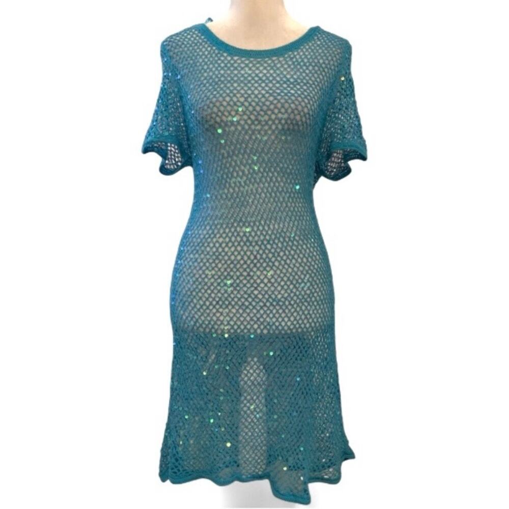 DEB Y2K Turquoise Crochet Mesh Sequin Dress OS